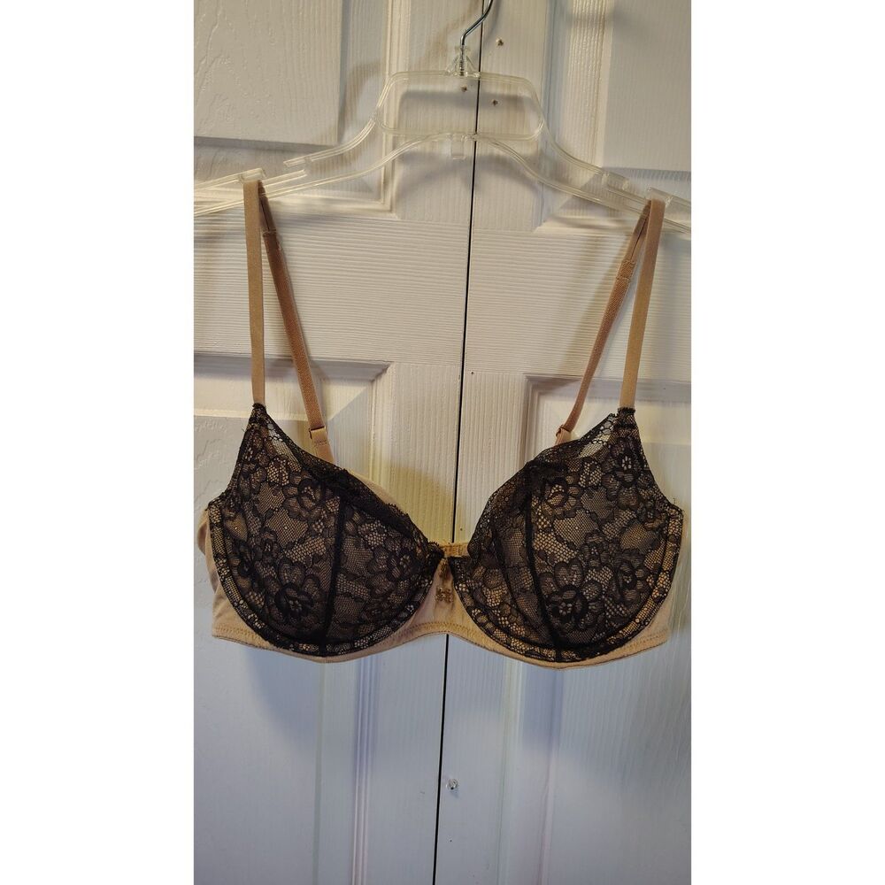 Vassarette Beige & Black Sheer Overlay Floral Lace Bra - Size 38C